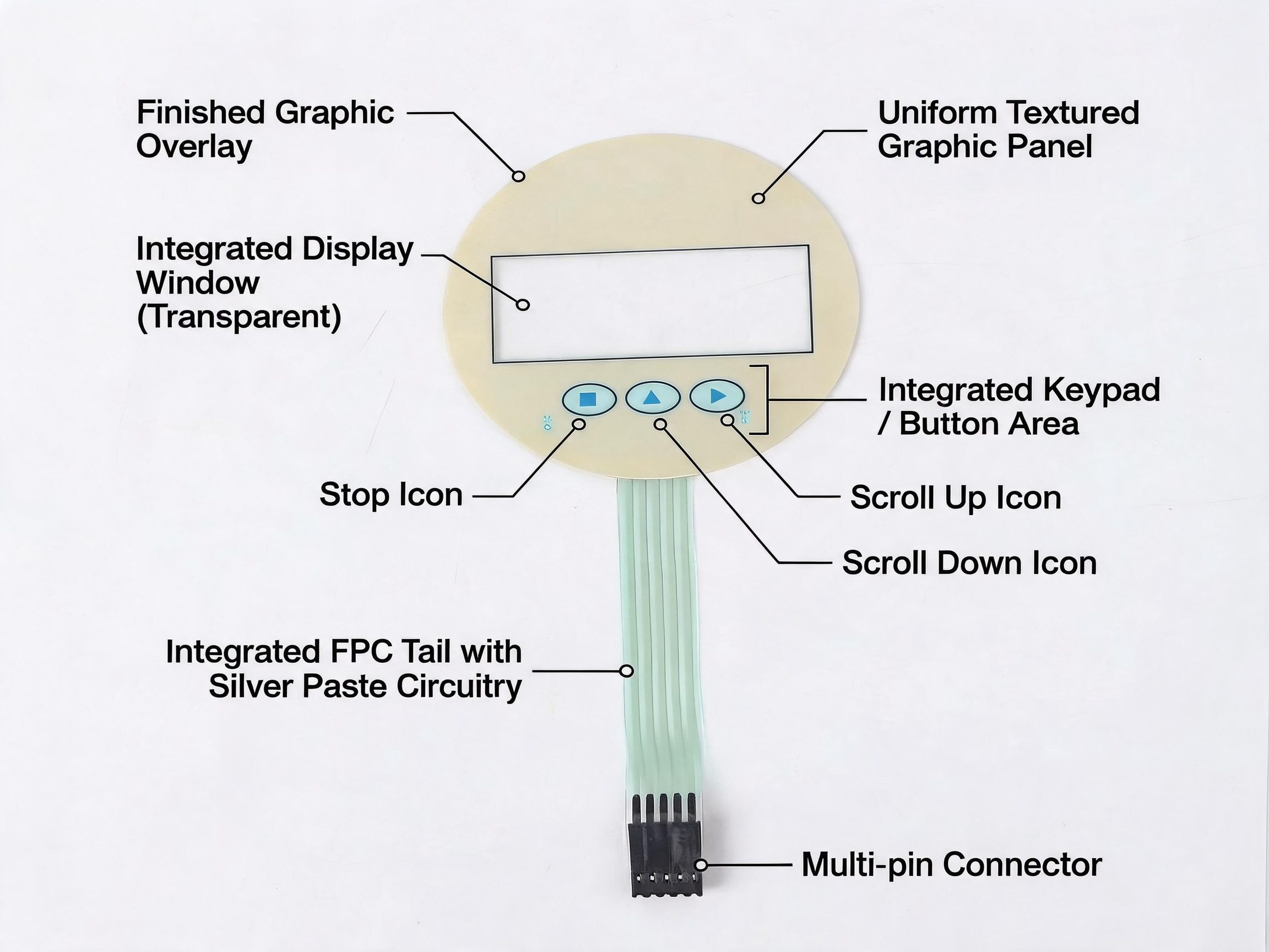 Finished graphic overlay panel with display window, button area, printed icons, FPC tail, and connector