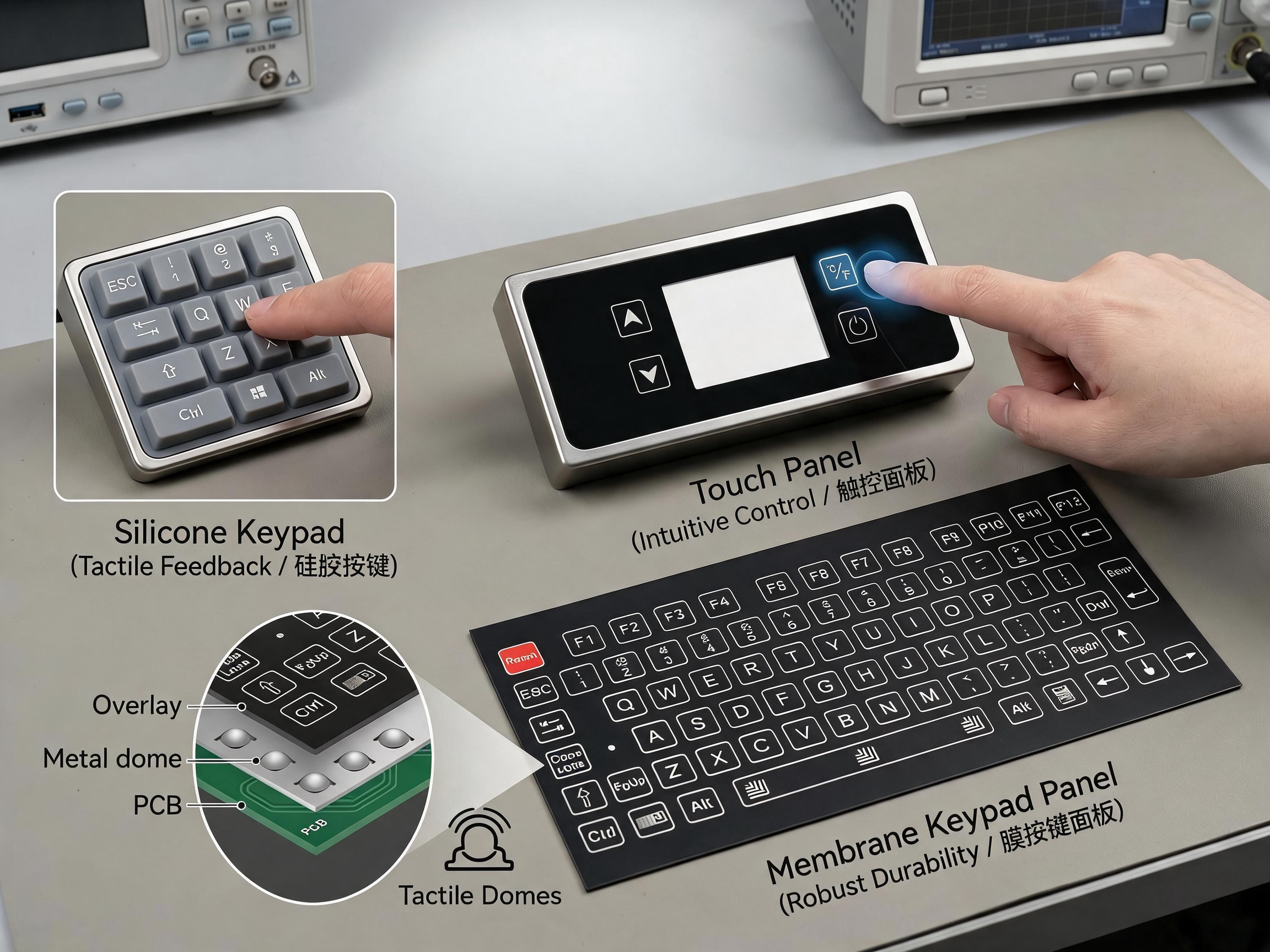 Comparison of silicone keypad, touch panel, tactile domes, and membrane keypad panel structures