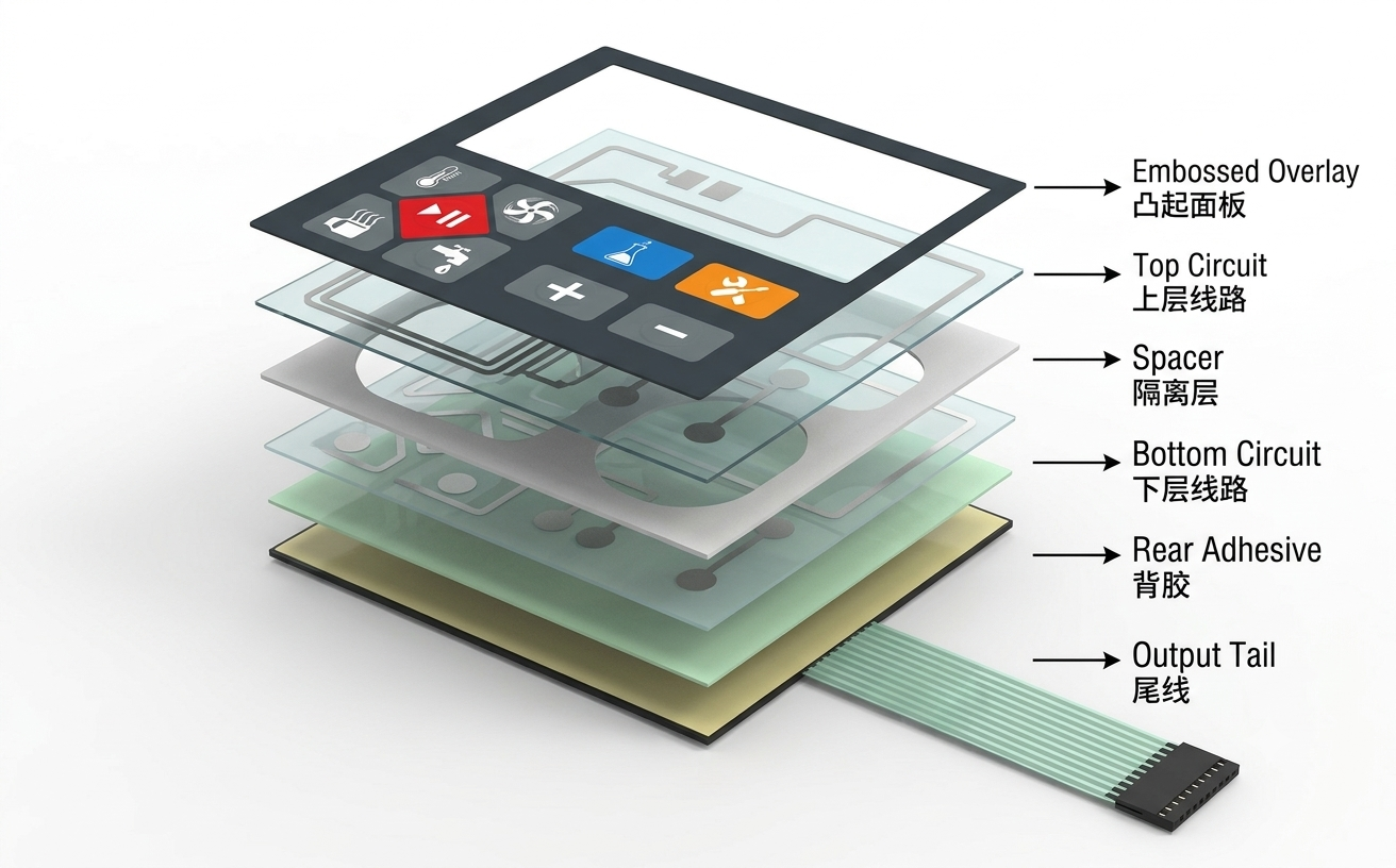 Layered membrane switch structure used for technical buying guides