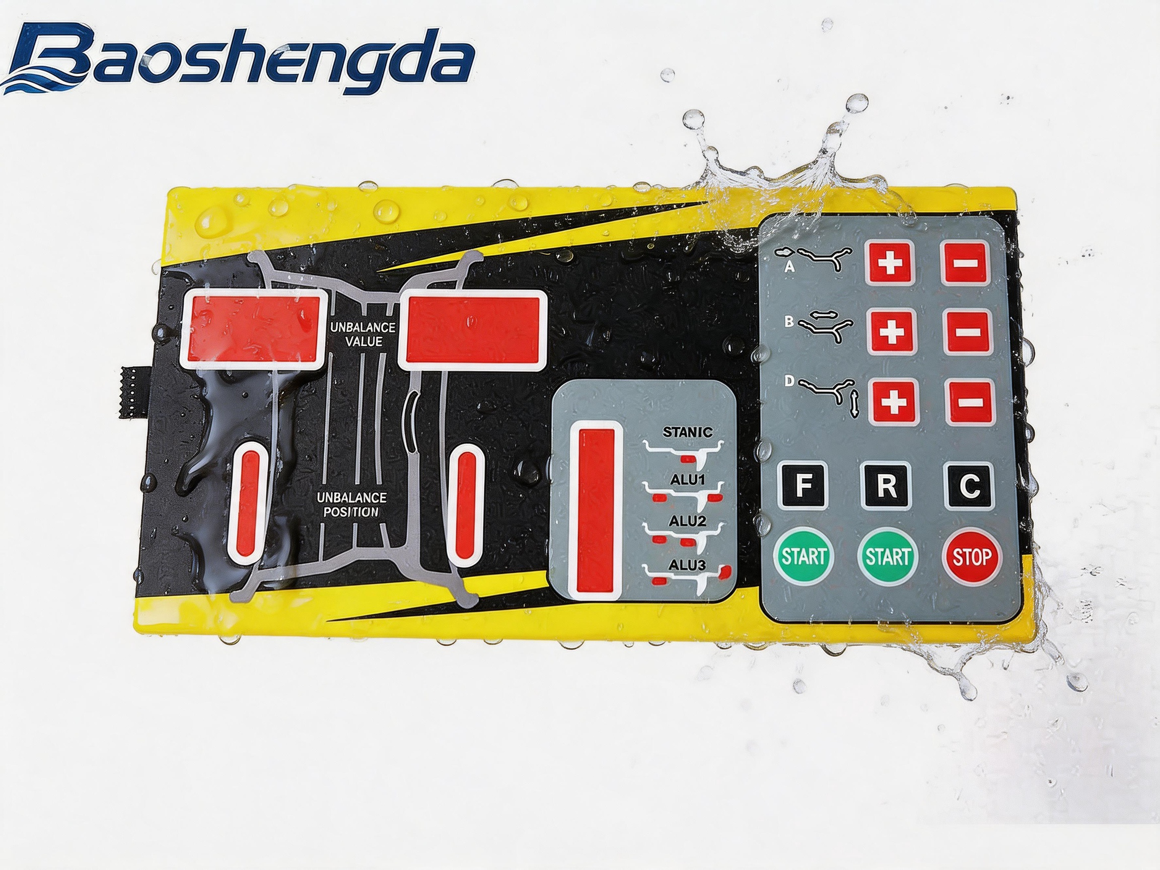 Waterproof membrane switch panel under water splash test with Baoshengda logo